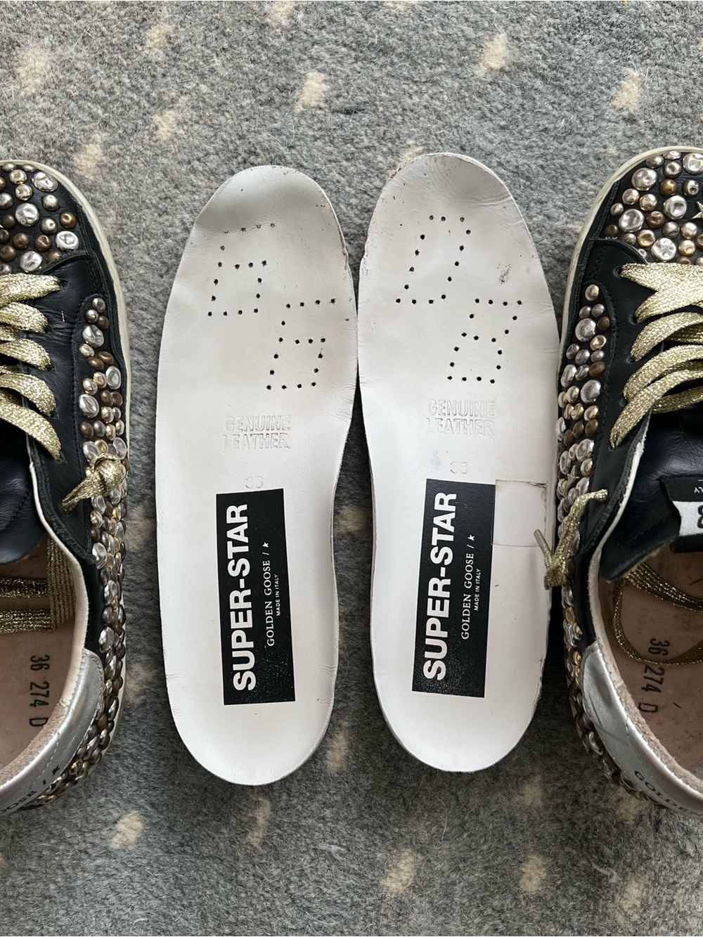 Golden Goose Black Leather Studded Sneakers with Silver Star and Gold Laces - Picture 3 of 5
